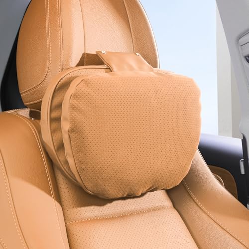 Car Headrest Pillow for Driving, Dual-Sided Leather Design Neck Pillow, Breathable Softness Neck Support, Universal Fit Head Rest Travel Pillow, Palomino Brown, 1 Pack - color: Palomino Brown