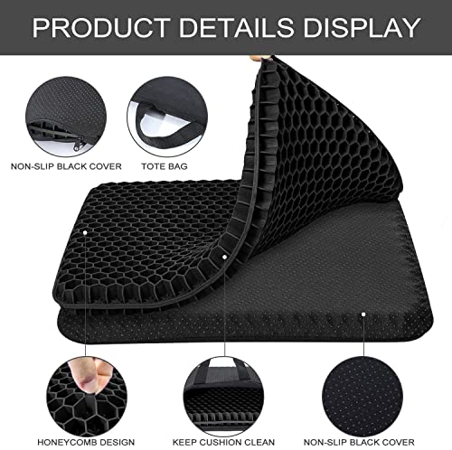 Gel Seat Cushion, for Long Sitting -Double Thick Gel Seat Cushion Breathable Honeycomb Chair Cushion with Non-Slip Cover for Office Chair Car, Wheelchair, Long Trips,Relief Sciatica Pain - color: Black