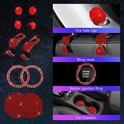 25PCS Bling Car Car Accessories Set,15 Inch Steering Wheel Cover,Shiny License Plate Frame,Center Console Cover and Rearview Mirror Set and Other Car Accessories(Red) - color: Red
