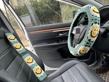 Handmade Crochet Sun Smiling face Car Steering Wheel Covers Universal 14-15 inch,Cute Steering Wheel Cover,Car Accessories (Sun Wheel Cover+2 Belt Cover) - color: Sun Wheel Cover+2 Belt Cover