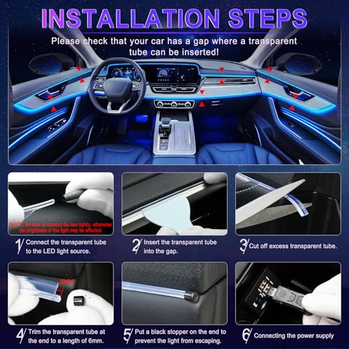 Smart Car LED Interior Lights with USB Port, LED Strip Fiber Optic Lights, Wireless App and Remote Control, Sync to Music, Car Accessories Gifts for Women and Men, 6 in 1 - size: 6 in 1- Remote Control