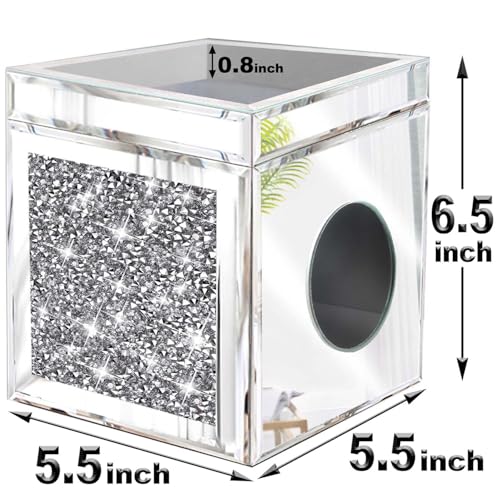 Wocred Square Tissue Box Cover Upgrades with Storage Tray,Crystal Crushed Diamond Tissue Box, Luxury Tissue Holders for Either Tissues in a Bathroom or Napkins on a Table.(6.5”x5.5”x5.5”) - color: Silver Tissue Box Tray