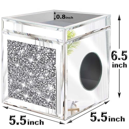 Wocred Square Tissue Box Cover Upgrades with Storage Tray,Crystal Crushed Diamond Tissue Box, Luxury Tissue Holders for Either Tissues in a Bathroom or Napkins on a Table.(6.5”x5.5”x5.5”) - color: Silver Tissue Box Tray