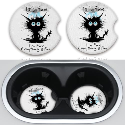 2 Pack Car Cup Holders,Universal Auto Anti Slip Insert Coaster, Rubber Car Coasters with A Finger Notch, Cute Car Assecories for Women Men (I'm Fine Cat) - color: I'm Fine Cat