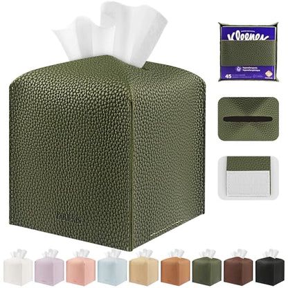 Tissue Box Cover Holder Square Tissue Cube Cover PU Leather Tissue Organizer with Bottom Belt for Bathroom, Tabletop, Car, Night Stands, Office, Home, Kitchen (1, OliveGreen) - color: Olivegreen