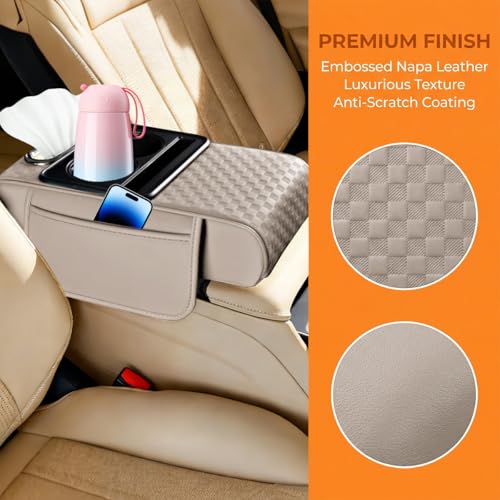 Car Center Console Armrest Pillow, 5-in-1 Armrest Box Cover with Cup Phone Holder & Storage Pocket Tissue Box, Multifunctional Auto Middle Console Arm Rest Protector, Universal Fit (White) - color: White
