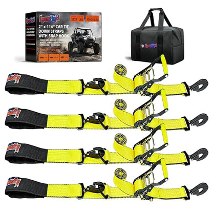 2'' x 114'' Heavy Duty Adjustable Car Tie Down Straps with Snap Hook for Trailers, 10,000 lbs Break Strength, Axle Tire Ratchet Straps with Snap Hooks for Hauling UTV, SUV, Truck, Any Cars - Yellow - color: Yellow
