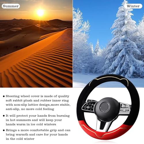 Cat Ears Plush Steering Wheel Cover,Universal 14.5-15 Inch Winter Plush Warm Steering Wheel Cover, Soft Fluffy, Anti-Slip Design, Soft Texture (Black+Red) - color: Cat Ears