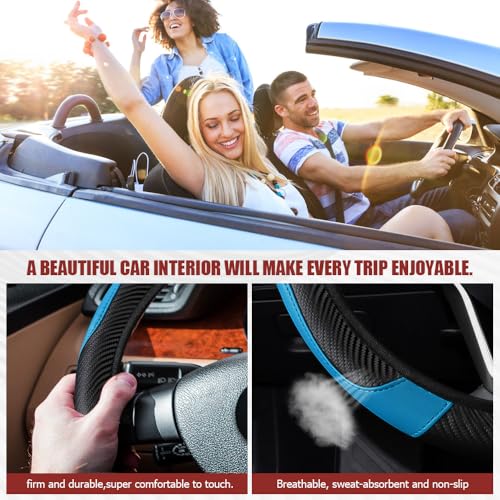 Car Steering Wheel Cover, Steering Wheel Protector, Universal 14.5-15 Inch Microfiber Leather Breathable Auto Steering Wheel Covers, Carbon Fiber Steering Wheel Cover for Women Men (Blue) - color: Blue