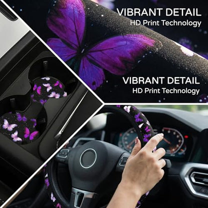 Butterfly Purple Steering Wheel Cover - Butterflys Steering Wheel Cover for Women Purple Butterfly Cute Fashion Car Accessories Anti-Slip Breathable Universal14-15 2 Pieces Car Coasters - color: Purple Butterfly-3