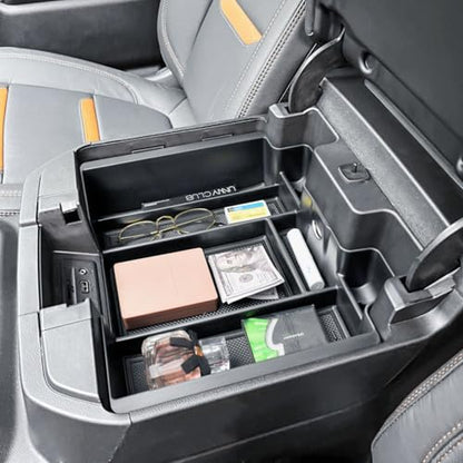 Center Console Organizer Compatible with 2019-2022 Chevy Silverado/Sierra 1500 and 2020-2023 Silverado/Sierra 2500HD 3500HD Accessories Armrest Full Size Tray,Full Console w/Bucket Seats ONLY,Black