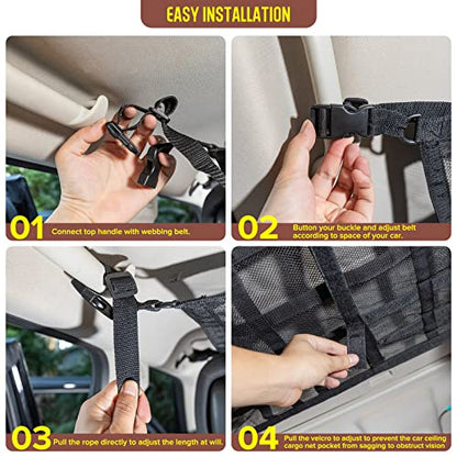 Car Ceiling Cargo Net Pocket Storage Net,29.5"x19.7" Adjustable D-Buckle to Reduce Sagging Roof Storage Organizer,Double-Layer Mesh SUV for SUVs,Road Trips,Car Camping Essentials