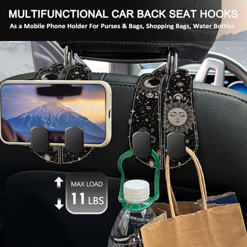 2PCS Car Seat Back Storage Headrest Hooks, Sun and Moon Purse Holder Bags Hanger, PU Leather Double Metal Hook for Backseat Organizer, Women Car Accessories Organization