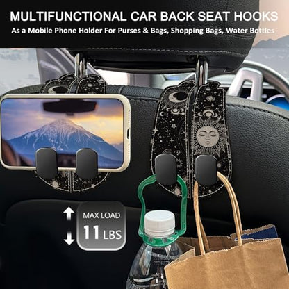2PCS Car Seat Back Storage Headrest Hooks, Sun and Moon Purse Holder Bags Hanger, PU Leather Double Metal Hook for Backseat Organizer, Women Car Accessories Organization