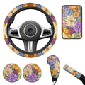 Yellow Chrysanthemum Print Car Steering Wheel Cover Sets Cup Holder Handbrake Gear Cover Armrest Cover Car Interior Accessories -6pcs - color: Chrysanthemum