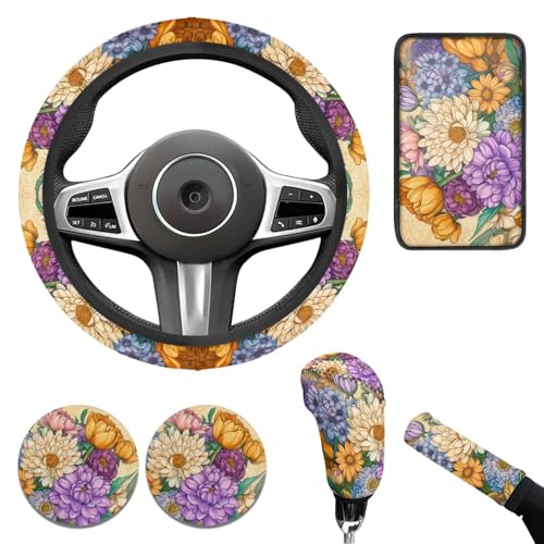 Yellow Chrysanthemum Print Car Steering Wheel Cover Sets Cup Holder Handbrake Gear Cover Armrest Cover Car Interior Accessories -6pcs - color: Chrysanthemum