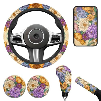 Yellow Chrysanthemum Print Car Steering Wheel Cover Sets Cup Holder Handbrake Gear Cover Armrest Cover Car Interior Accessories -6pcs - color: Chrysanthemum