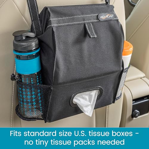 High Road Car Organizer with Car Trash Bag and Tissue Holder - Holds Full Size Tissue Box, Bottles and Wipe Containers - 2 Gal Leakproof Covered Car Trash Can with Push-Close Lid - color: Black