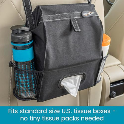 High Road Car Organizer with Car Trash Bag and Tissue Holder - Holds Full Size Tissue Box, Bottles and Wipe Containers - 2 Gal Leakproof Covered Car Trash Can with Push-Close Lid - color: Black