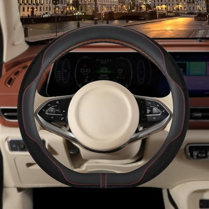 14 inch D Shaped Steering Wheel Cover for Prius Civic, Nappa Microfiber Leather Non-Slip Breathable Fabric, Warm in Winter and Cool in Summer, Black Small 13.5 inch to 14 inch - color: Black, size: D Shape-S[13.5''-14'']