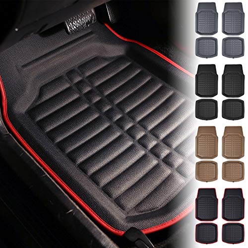 FH Group Automotive Floor Mats - PU Leather Floor Mats, Deep Dish Design, Floor Mats for Cars, Universal Fit Floor Mats Front Set, Floor Mats for Most Sedan, SUV, Truck Floor Mats Red Black