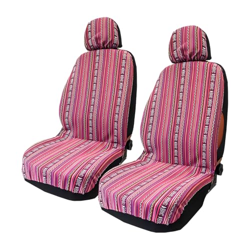 4PCS Baja Saddle Blanket Car Seat Covers, Front Set Breathable Washable Seat Covers with Seatbelt Pad, Striped Woven Cloth Airbag Compatible Seats Protector for Most Vehicles (Pink) - color: Pink, 4PCS