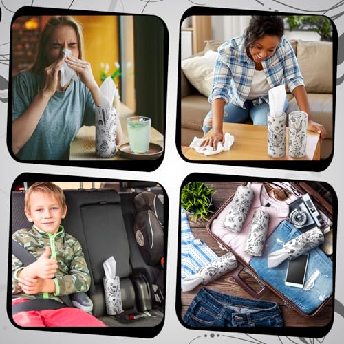 Zonon 4 Pcs Vintage Floral Car Tissue Cylinder with 240 Sheets 3 Ply Facial Tissue Bulk Black and White Round Tissues Holder Box Travel Tubes for Car Cup Holder Round Container