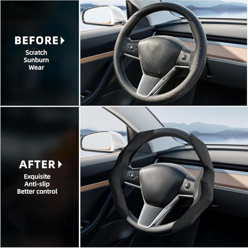 Suede Steering Wheel Cover with Anti-Slip Lining and Segmented Design 2pcs Universal Steering Wheel Protector for Men and Women, Car Interior Accessory (Suede Black)