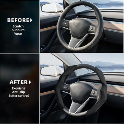 Suede Steering Wheel Cover with Anti-Slip Lining and Segmented Design 2pcs Universal Steering Wheel Protector for Men and Women, Car Interior Accessory (Suede Black)
