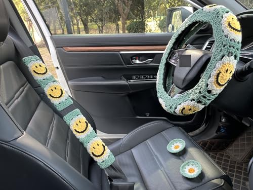 Handmade Crochet Sun Car Steering Wheel Covers Universal 14-15 inch,Cute Steering Wheel Cover,Car Accessories (Sun Wheel Cover+2belt Cover+2Coaster+Hanging) - color: Sun wheel cover+2belt cover+2Coaster+hanging