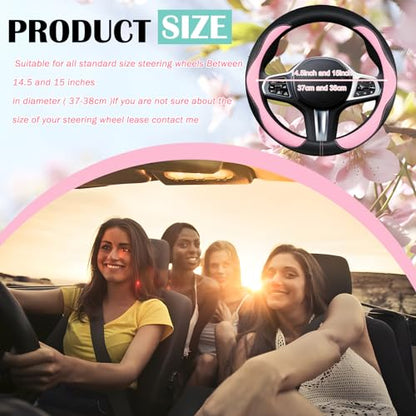Car Steering Wheel Cover 2025, Universal Auto PU Cute Breathable Slip-Proof Comfort Imitation Leather Protector Cars Interior Accessories for Women Men Fit Most Vehicle (Pink)