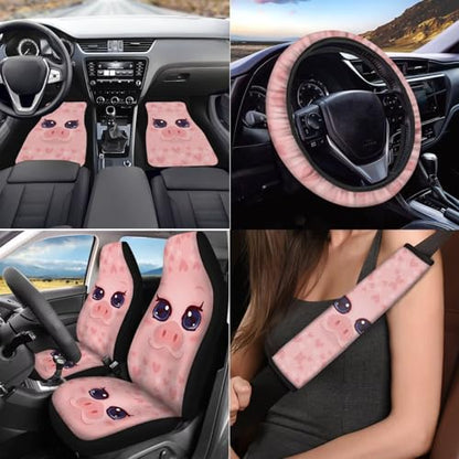 Cute Pig Car Seat Cover Full Set 17 Pc,Floor Mats/Car Seat Cushion/Steering Wheel Cover/Seat Belt Mats/Armrest Mats/Coasters/Keychains Interior Protective Accessories 15 - color: Cute Pig