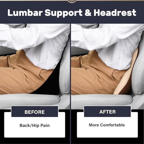 Coverado Lumbar Support and Headrest Pillow for Car, Memory Foam Ergonomic Head Neck Support Pillow for Driving Seat, Back Support and Pain Relief, Seat Cushion for Car, Driver, Office