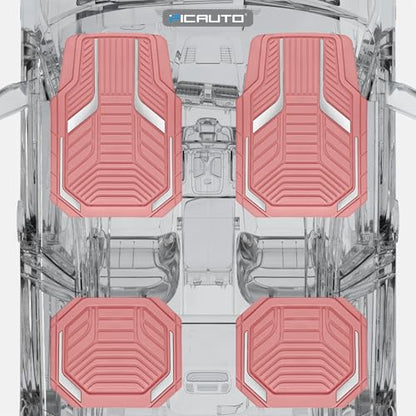 PIC AUTO Heavy Duty Pink Rubber Floor Mats, Silver Aluminum Film Car Mats Set, Front and Rear Car Mats with Anti-Slip Backing, All Weather Protection, Trim-to-Fit for Automotive SUV, Sedan, Van