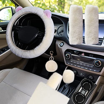 9 Pack Cute Bear Fluffy Steering Wheel Cover with Furry Gear Cover,Handbrake Cover,Seat Belt Pad,Armrest Pad,Bling Car Coaster and Fur Key Chain for Women Girls (Beige) - color: Beige