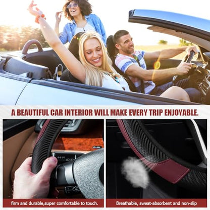 Car Steering Wheel Cover, Steering Wheel Protector, Universal 14.5-15 Inch Microfiber Leather Breathable Auto Steering Wheel Covers, Carbon Fiber Steering Wheel Cover for Women Men (Wine) - color: Wine red