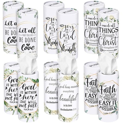 Outus 12 Pcs Greenery Christian Car Tissues Cylinder Holder with 3 Ply Facial Tissue Bulk Eucalyptus Leaves Religious Tissue Holder Travel Tissues Boxes Container for Home Wedding Party Supplies - style: Leaf