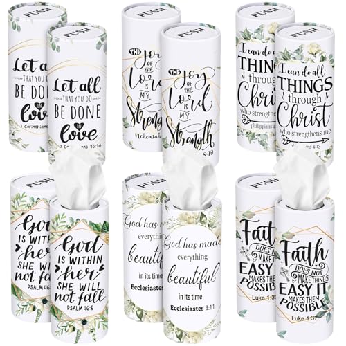 Outus 12 Pcs Greenery Christian Car Tissues Cylinder Holder with 3 Ply Facial Tissue Bulk Eucalyptus Leaves Religious Tissue Holder Travel Tissues Boxes Container for Home Wedding Party Supplies - style: Leaf