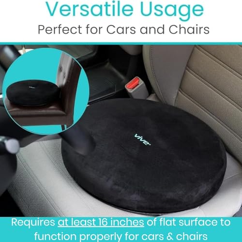 Vive Swivel Car Seat Cushion for Handicapped & Elderly Assistance - 360 Large Round Rotating Chair Pad with Memory Foam (Black)