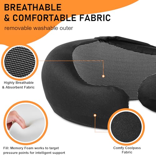 Travel Pillow - Hooded Neck Pillow Airplane Memory Foam Filling for Plane, Office, Cars Sleeping, Road Trip, Long Flights, Airplane Travel Essentials, Includes Eye Mask & Earplugs (Black) - color: Black