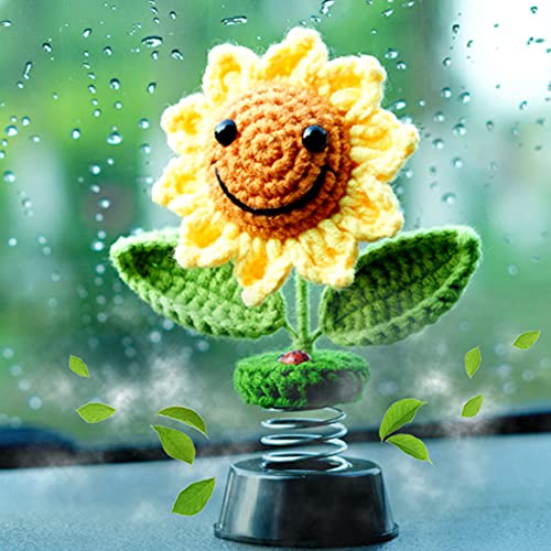 Levvohd Sunflower Car Accessories Dashboard Decorations, Crochet Smiley Shaking Sun Flowers Bobblehead Cars Decor for Women, for Cute Girl Interior Desk Ornaments Gifts (H 5.2 in) - color: Green Yellow