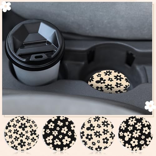 Boao 4 Pcs White Flower Car Cupholder Coasters for Valentine's Day, Ceramic Coasters 2.56'' Anti Slip Base with Finger Notch for Dry Clean, Car Interior Accessories, Birthday Gifts - style: White Flower