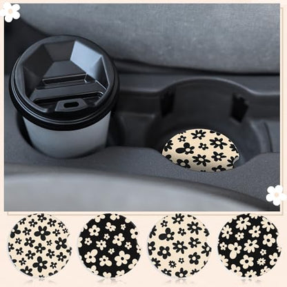 Boao 4 Pcs White Flower Car Cupholder Coasters for Valentine's Day, Ceramic Coasters 2.56'' Anti Slip Base with Finger Notch for Dry Clean, Car Interior Accessories, Birthday Gifts - style: White Flower