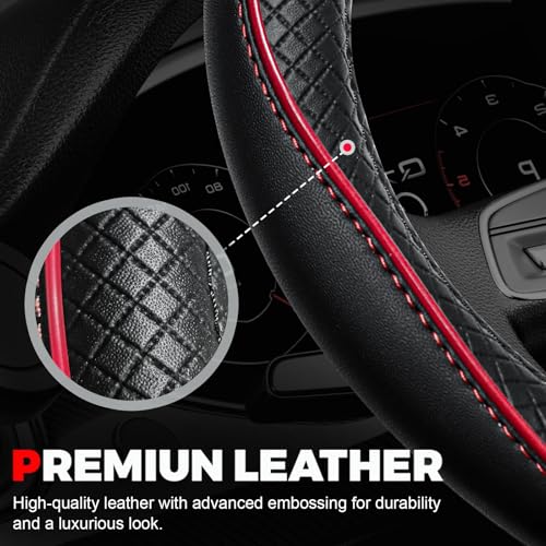 Ouzorp Car Steering Wheel Cover, Microfiber Leather Steering Wheel Covers with Anti-Slip Lining, Universal 14.5-15 inchs Black with Red line - color: Black with Red line，size[14.5"-15"]
