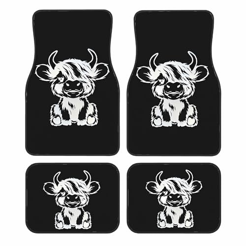 Universal Fit Car Floor Mats Set of 4Pcs, Black and White Highland Cattle All-Weather Front Rear Car Carpet Mats, Non-Slip Car Floor Mat Car Accessories for Automotive Trucks SUV Sedans Vans - color: Black White Highland Cattle