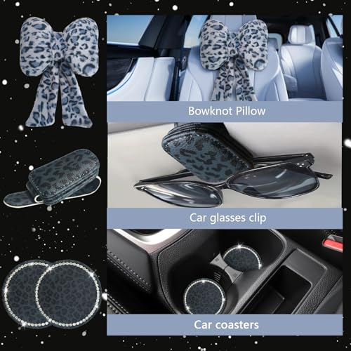 19 Pcs Fluffy Car Accessories Set,Fluffy Plush Leopard Print Steering Wheel Covers,Plush Head Pillow,Pillowcase,Eyeglasses Clip,Car Accessories for Women. (Black&Grey)