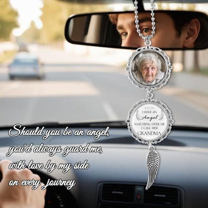 Personalized Car Photo Ornament - I Have an Angel Watching Over Me,Custom Memorial Charm for Cars,Rearview Mirror Accessories,Gifts for Memorial Sympathy,Bereavement Gift Ideas