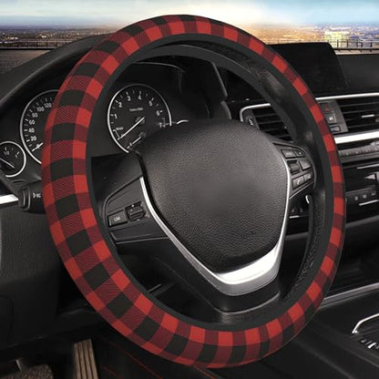 Red Buffalo Plaid Steering Wheel Cover for Men Women Auto Accessories Universal 15 Inch Anti-Slip Breathable Car Wheel Protector Covers - color: Rustic Red Black Buffalo Check Plaid Pattern
