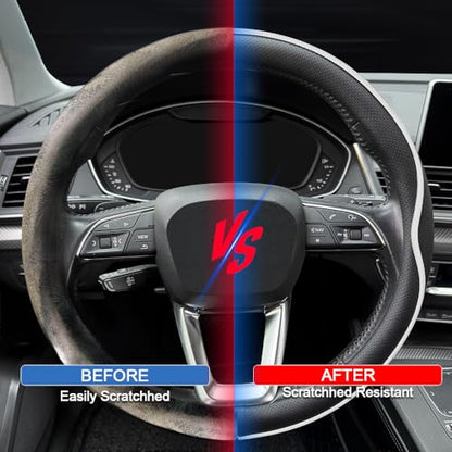 HAOTULE Leather Steering Wheel Cover， with Anti-Slip Stripe Design - Enhanced Grip, Fashion Style, Safe, Non-Slip, Breathable. Upgrade car Interior，Black White - color: Black White
