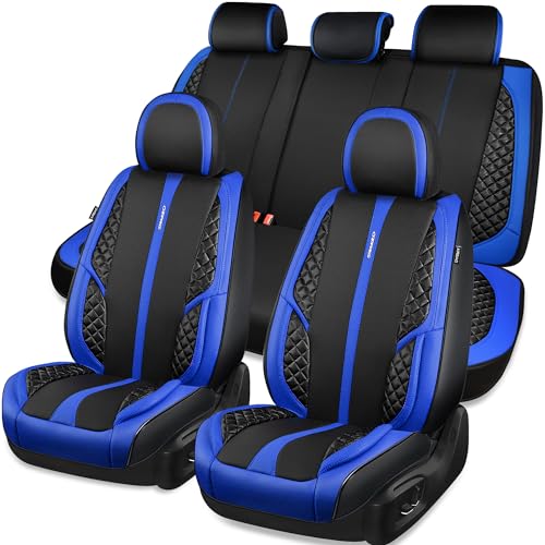 CAR PASS Nappa PU Leather Car Seat Covers Full Set Waterproof Protector Durable Cushioned,Universal Fit for Sedan SUV Pick-up Truck,Automotive, Anti-Slip and Backseat Luxury Premium(Black and Blue) - color: Black and Blue, size: Full Set